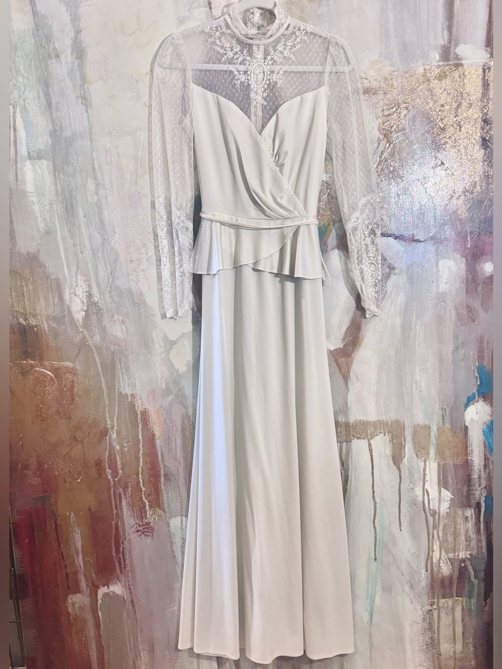 1980 HAND SEWN VTG French Lace Sleeved • Full Length Silk Wedding Dress • SMALL - Picture 2 of 16